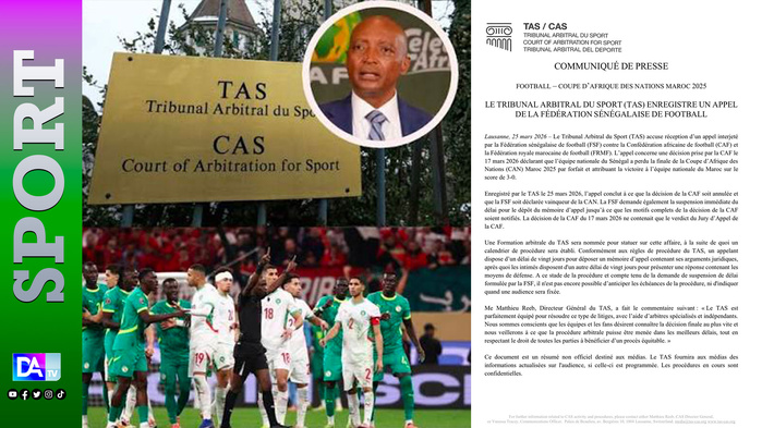 CAN 2025 : La Fédération sénégalaise de football porte son recours devant le Tribunal Arbitral du Sport CAN 2025 : La Fédération sénégalaise de football porte son recours devant le Tribunal Arbitral du Sport