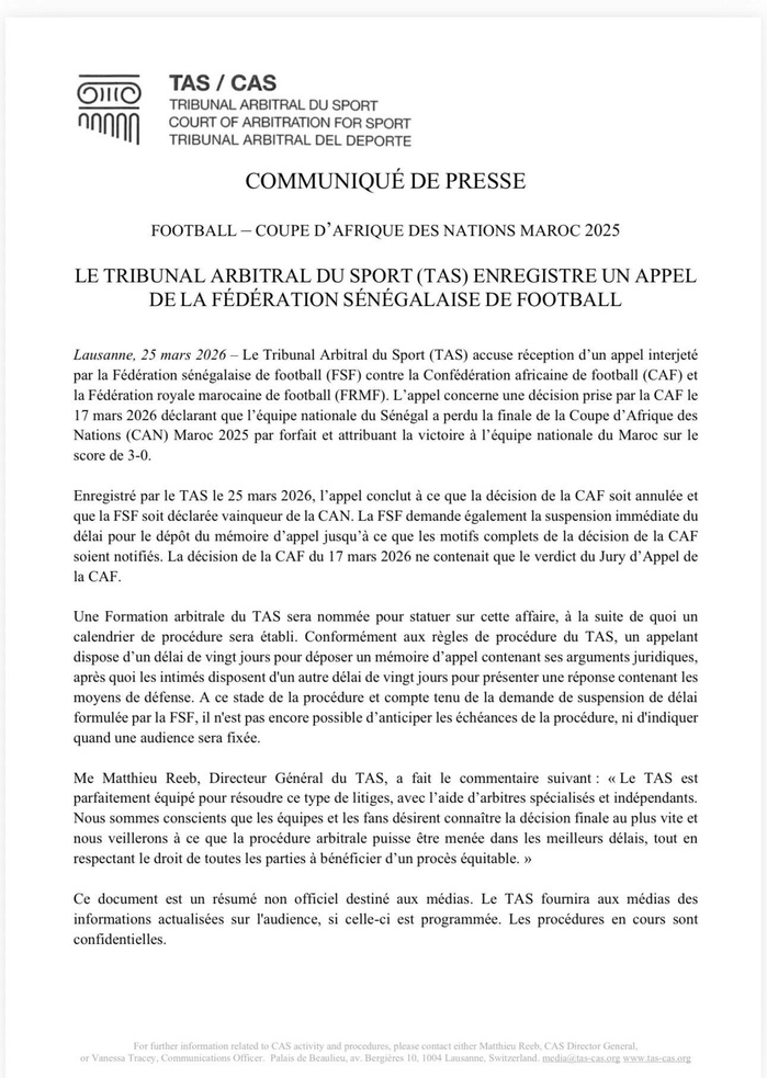 CAN 2025 : La Fédération sénégalaise de football porte son recours devant le Tribunal Arbitral du Sport CAN 2025 : La Fédération sénégalaise de football porte son recours devant le Tribunal Arbitral du Sport
