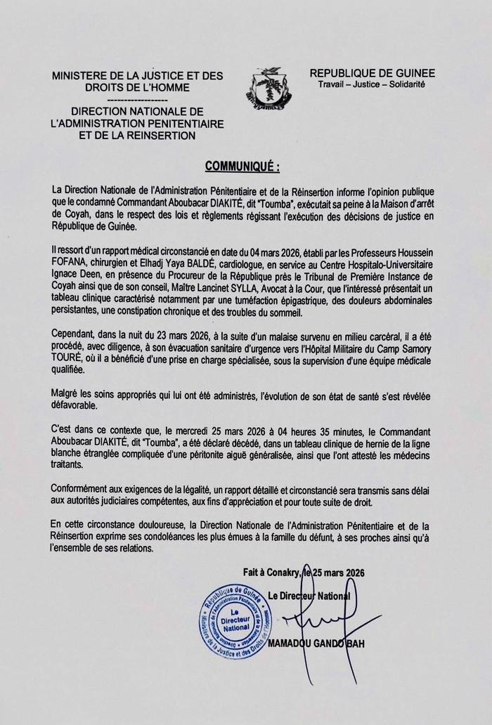 Guinée : Le Commandant Aboubacar Diakité dit « Toumba » décède en détention à Conakry Guinée : Le Commandant Aboubacar Diakité dit « Toumba » décède en détention à Conakry