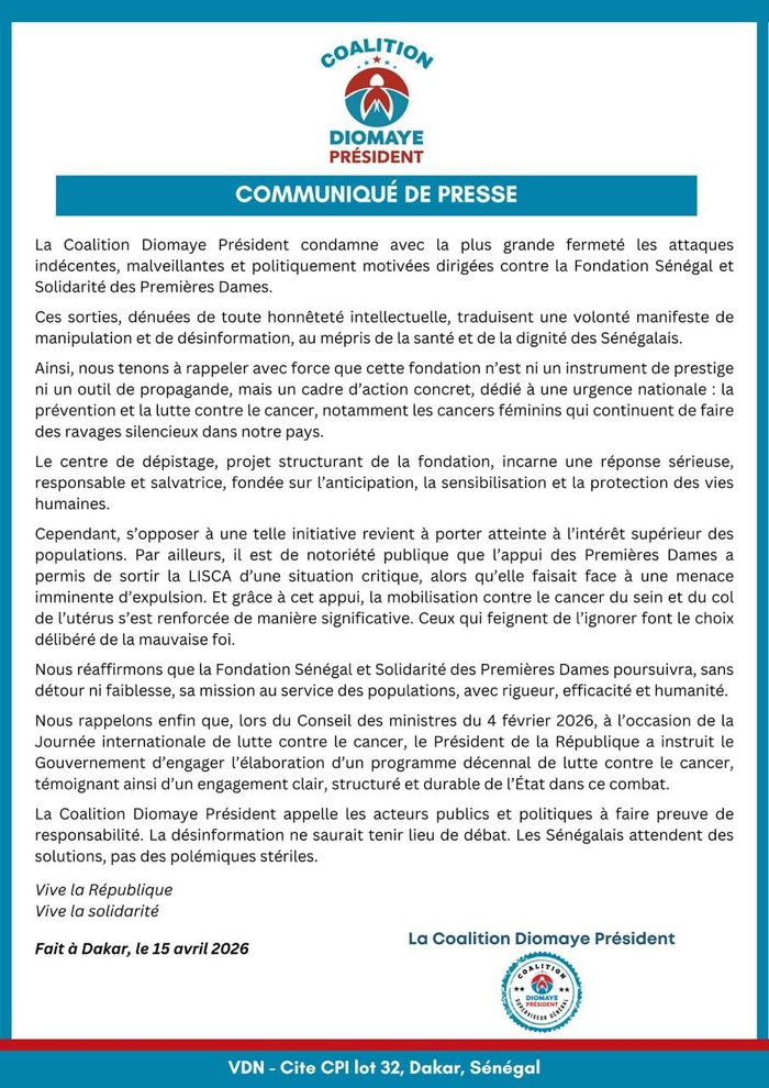 Fondation des Premières Dames : la Coalition Diomaye Président dénonce une campagne de désinformation Fondation des Premières Dames : la Coalition Diomaye Président dénonce une campagne de désinformation