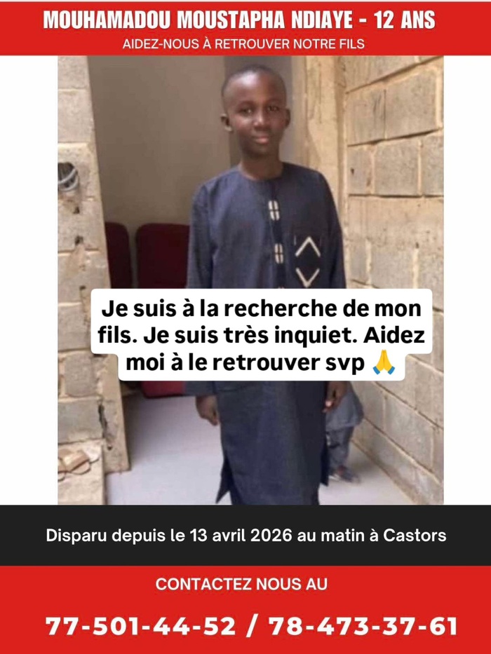 Avis de disparition : Mouhamadou Moustapha Ndiaye (12 ans) introuvable depuis lundi à Castors