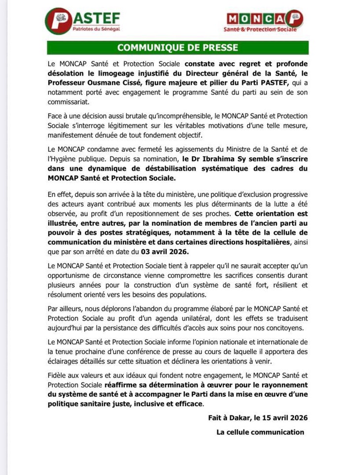Santé-Limogeage du Pr Ousmane Cissé : le MONCAP Santé dénonce une décision « injustifiée »