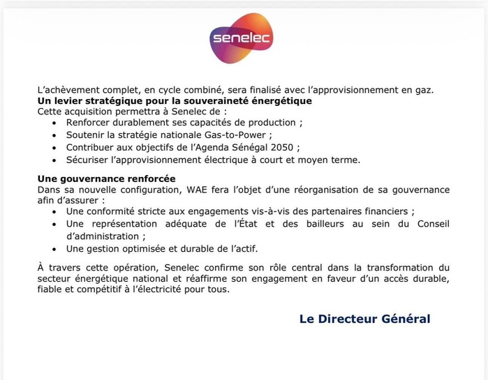 Souveraineté énergétique : La Senelec rachète  à 100 % de West African Energy et sécurise la centrale de 360 MW