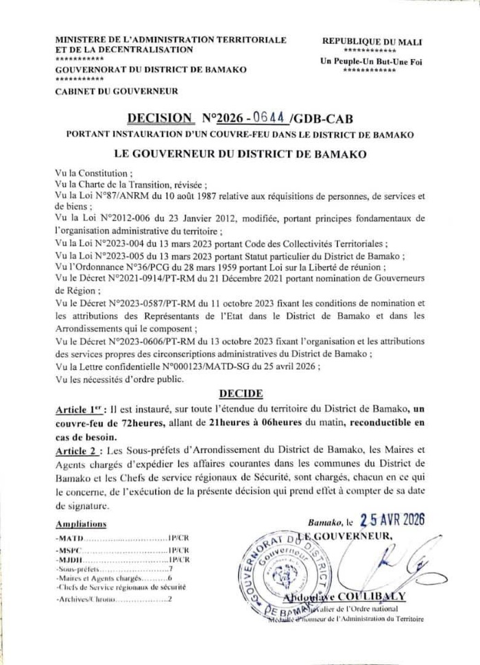 Mali : Bamako sous couvre-feu de 72 heures à partir de ce Samedi Mali : Bamako sous couvre-feu de 72 heures à partir de ce Samedi
