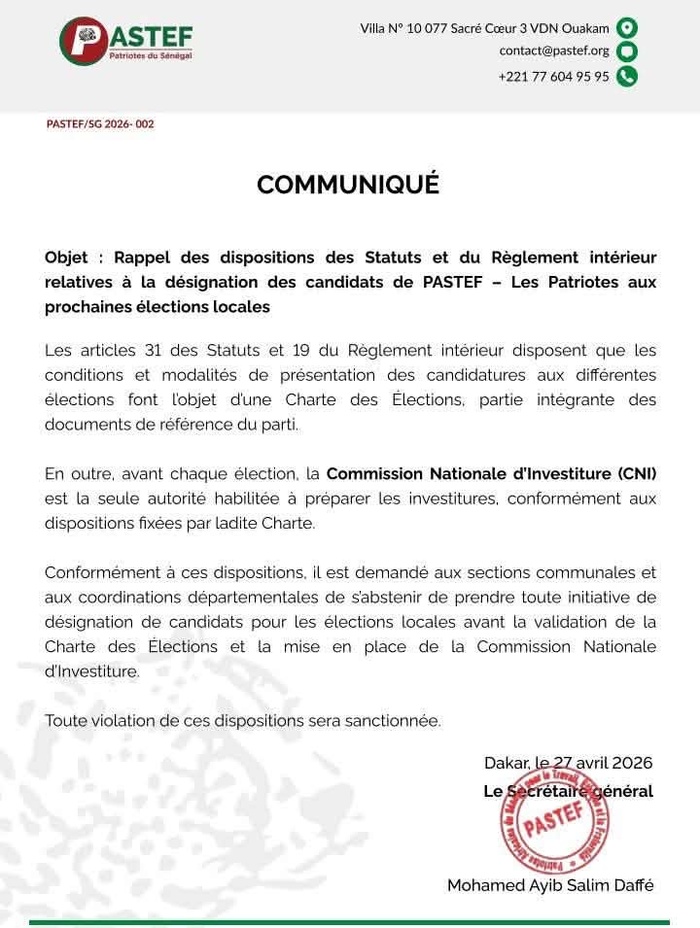 Élections locales / Le PASTEF recadre ses structures: « Toute violation des dispositions sera sanctionnée» Élections locales / Le PASTEF recadre ses structures: « Toute violation des dispositions sera sanctionnée»