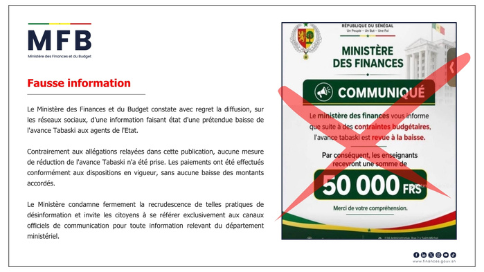 Avance Tabaski : Le ministère des Finances dément une information virale sur une baisse des montants