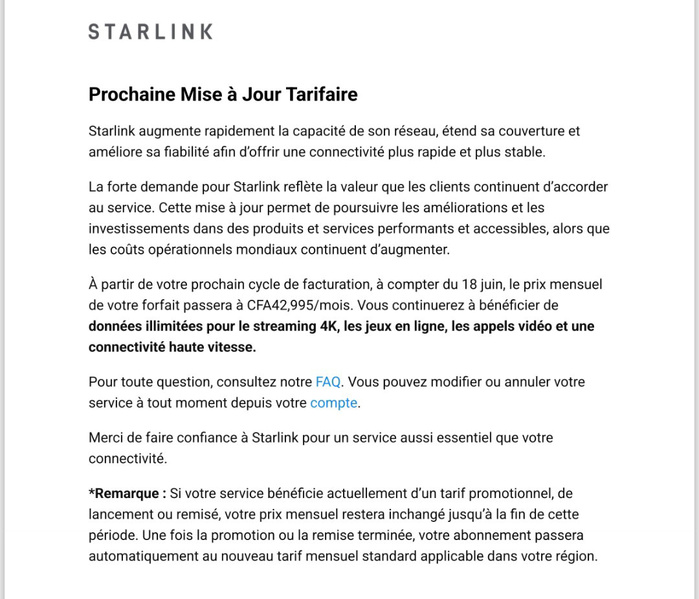 De 30 000 à 42 995 FCFA : Starlink augmente ses prix au Sénégal face à un Orange à 30 000 FCFA De 30 000 à 42 995 FCFA : Starlink augmente ses prix au Sénégal face à un Orange à 30 000 FCFA