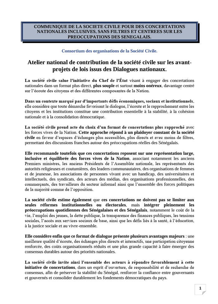 Concertations nationales : La société civile pose ses conditions pour un dialogue sans filtres