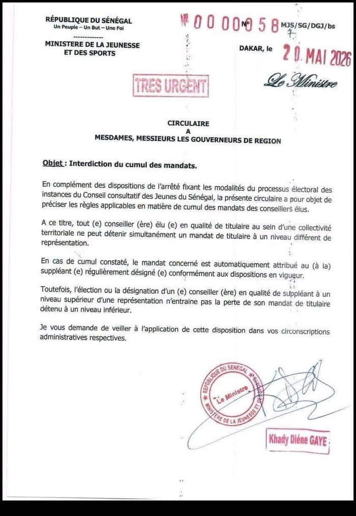Conseil consultatif des Jeunes du Sénégal (CCJS) : Le ministre de la jeunesse interdit le cumul des mandats