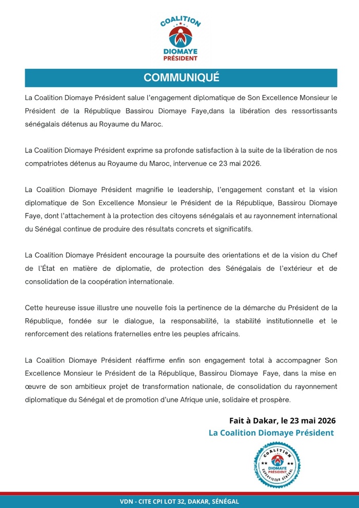 Libération des supporters Sénégalais au Maroc : la Coalition Diomaye Président salue la diplomatie de Diomaye Faye Libération des supporters Sénégalais au Maroc : la Coalition Diomaye Président salue la diplomatie de Diomaye Faye