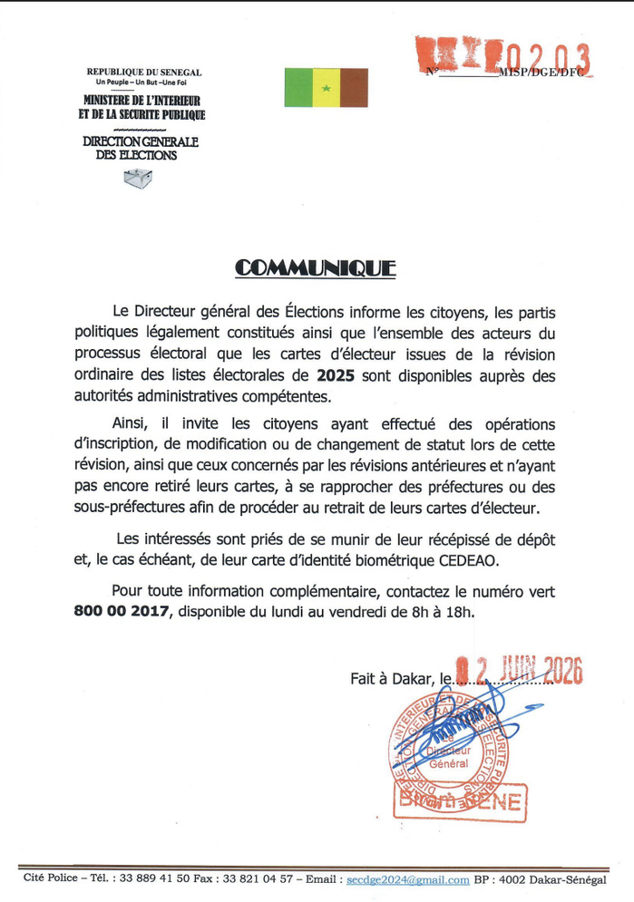 Élections : la DGE sonne la mobilisation générale et appelle les citoyens à retirer leurs cartes d’électeur