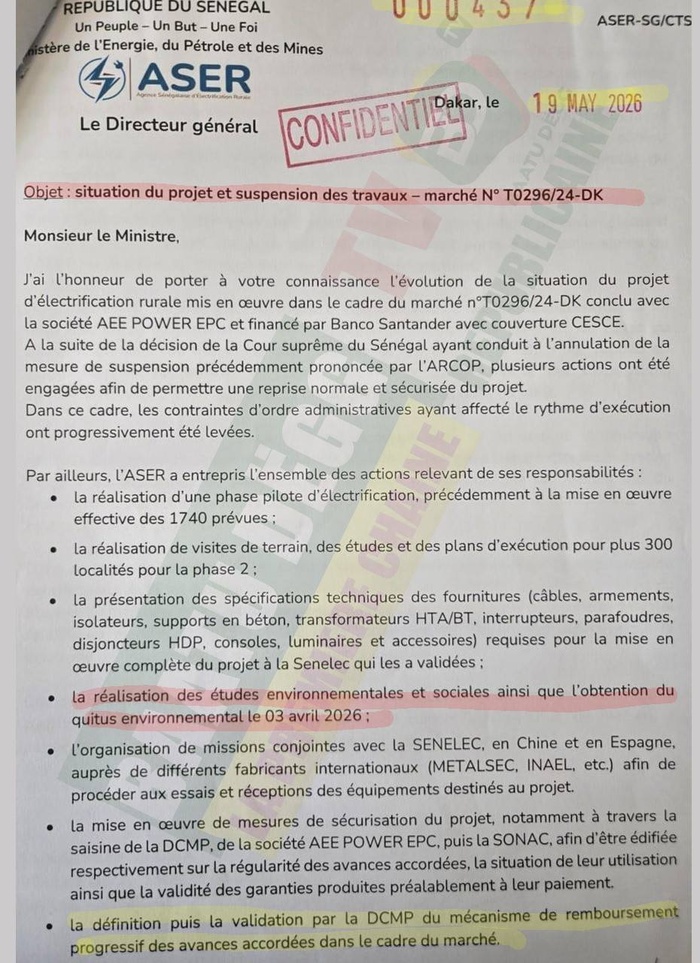 La lettre de l’ASER au ministre des Finances et du Budget : Banco Santander suspend les décaissements, les travaux d’électrification rurale menacés La lettre de l’ASER au ministre des Finances et du Budget : Banco Santander suspend les décaissements, les travaux d’électrification rurale menacés