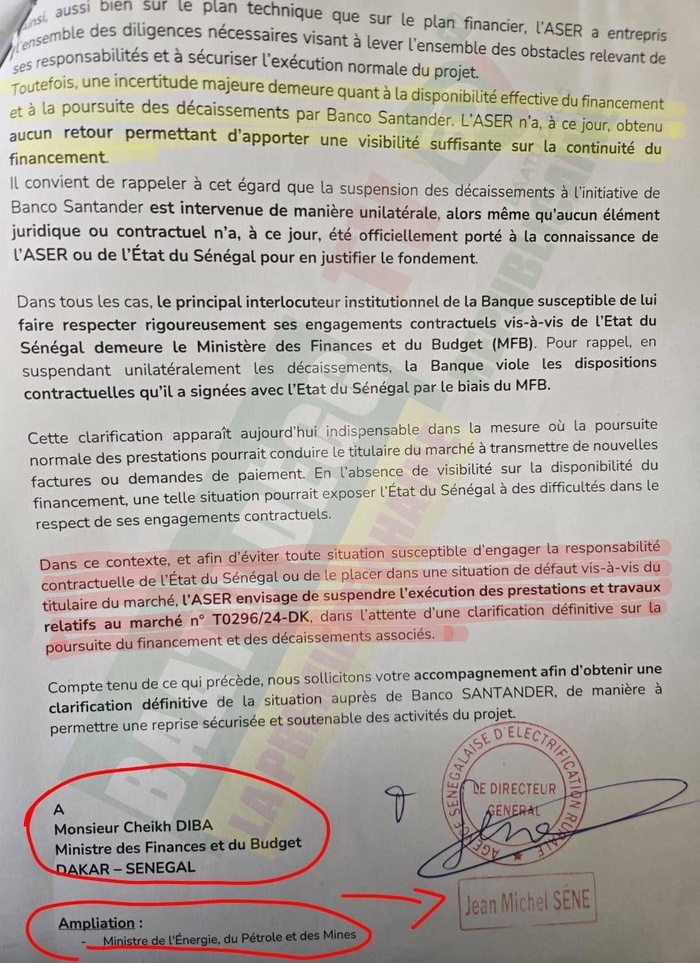 La lettre de l’ASER au ministre des Finances et du Budget : Banco Santander suspend les décaissements, les travaux d’électrification rurale menacés La lettre de l’ASER au ministre des Finances et du Budget : Banco Santander suspend les décaissements, les travaux d’électrification rurale menacés