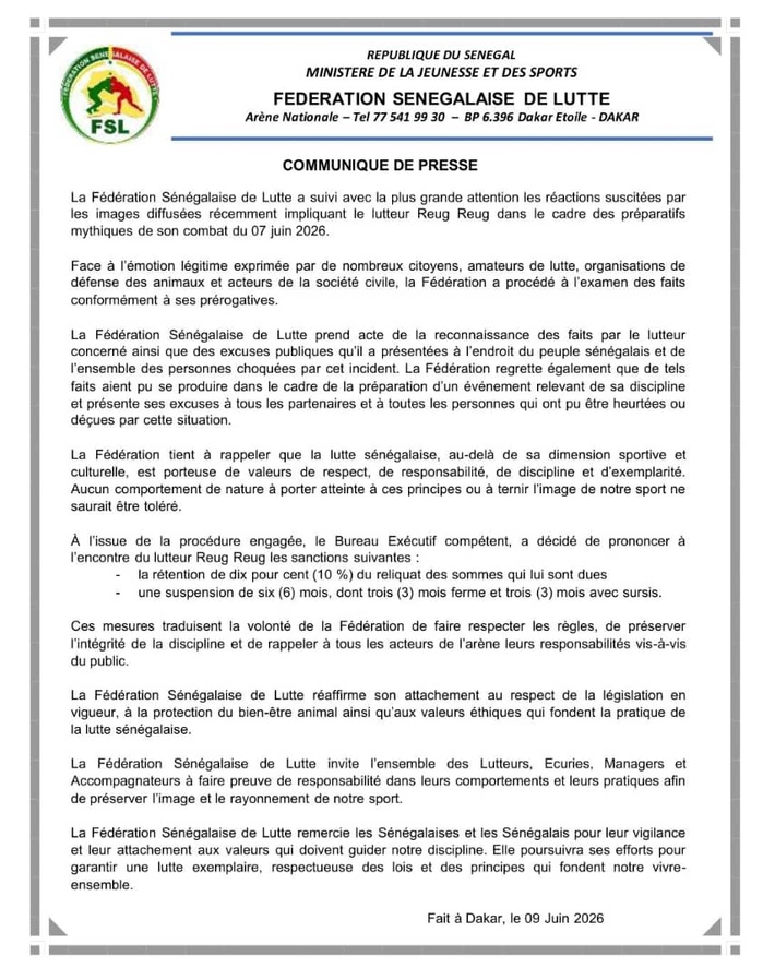 Lutte: Reug Reug suspendu six mois par la Fédération après un acte de cruauté animale