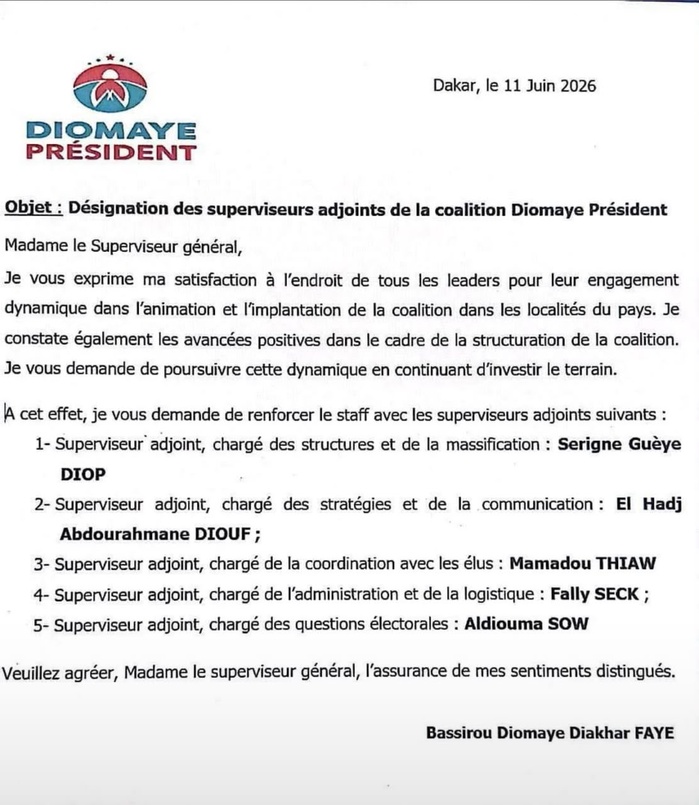 Coalition Diomaye Président : Bassirou Diomaye Faye désigne cinq superviseurs adjoints Coalition Diomaye Président : Bassirou Diomaye Faye désigne cinq superviseurs adjoints