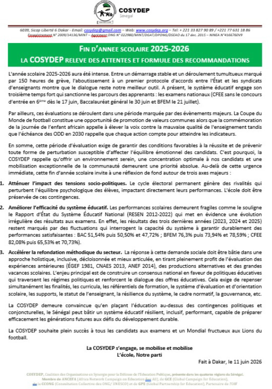 Examens 2025-2026 : La COSYDEP alerte sur l’impact des tensions politiques et formule 3 recommandations majeures Examens 2025-2026 : La COSYDEP alerte sur l’impact des tensions politiques et formule 3 recommandations majeures