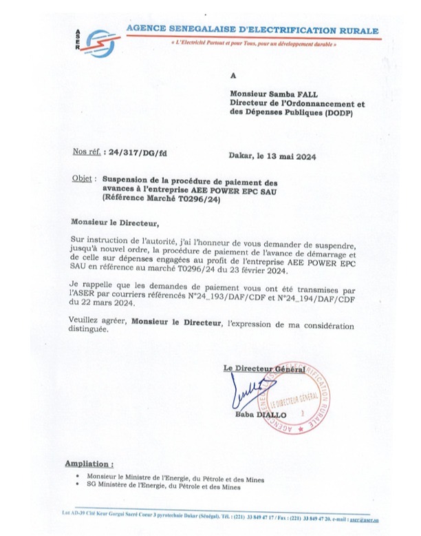 Affaire ASER–AEE Power EPC : La lettre de Baba Diallo qui soulève de nouvelles questions sur les décaissements