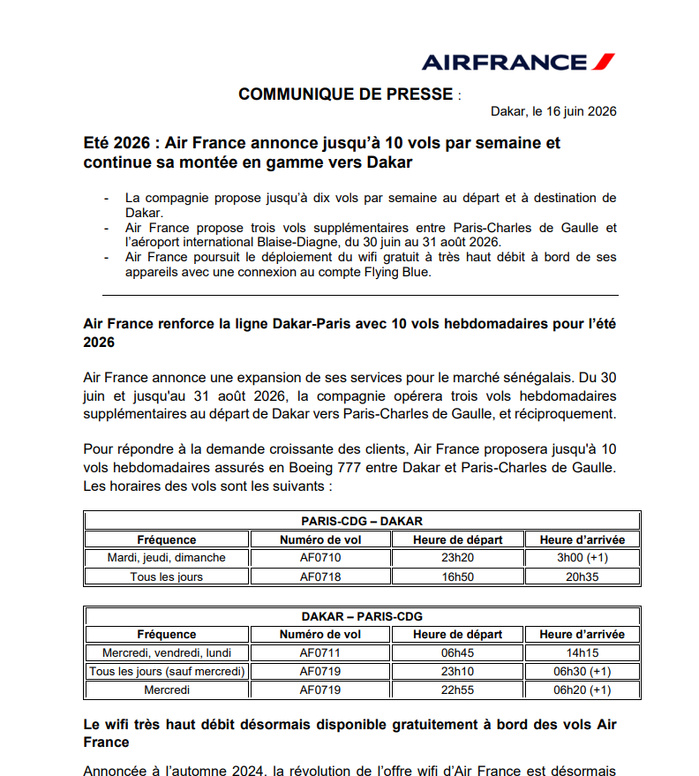Été 2026 : Air France renforce sa desserte entre Dakar et Paris avec jusqu’à 10 vols par semaine