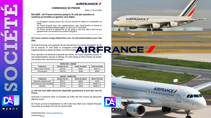 Été 2026 : Air France renforce sa desserte entre Dakar et Paris avec jusqu’à 10 vols par semaine Été 2026 : Air France renforce sa desserte entre Dakar et Paris avec jusqu’à 10 vols par semaine