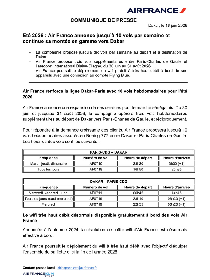 Été 2026 : Air France renforce sa desserte entre Dakar et Paris avec jusqu’à 10 vols par semaine