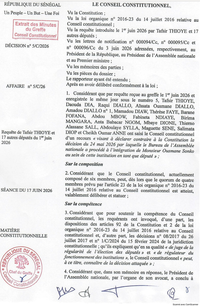 Sénégal : Le Conseil constitutionnel se déclare incompétent sur l'intégration d'Ousmane Sonko à l'Assemblée nationale