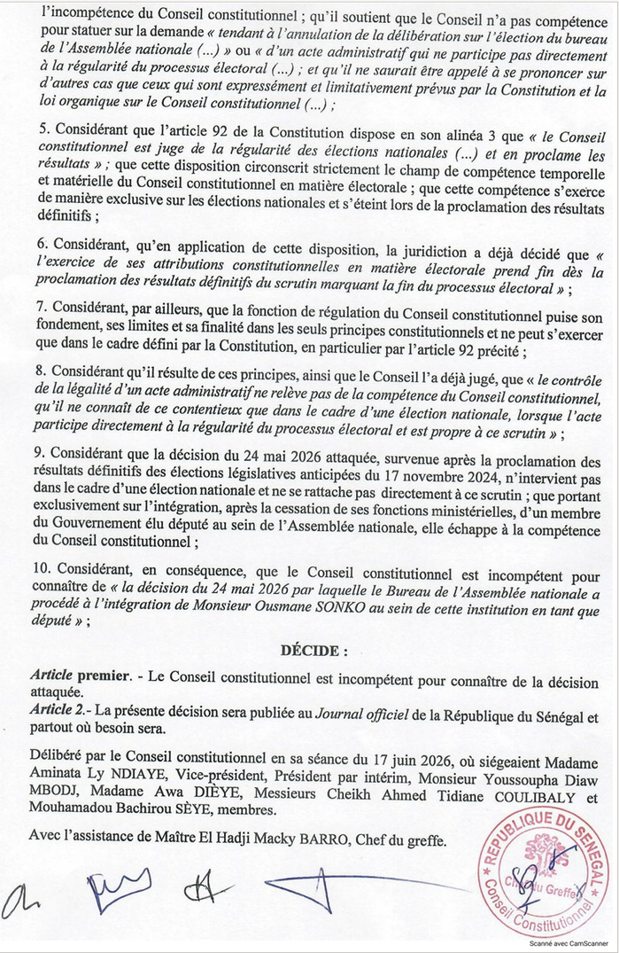 Sénégal : Le Conseil constitutionnel se déclare incompétent sur l'intégration d'Ousmane Sonko à l'Assemblée nationale