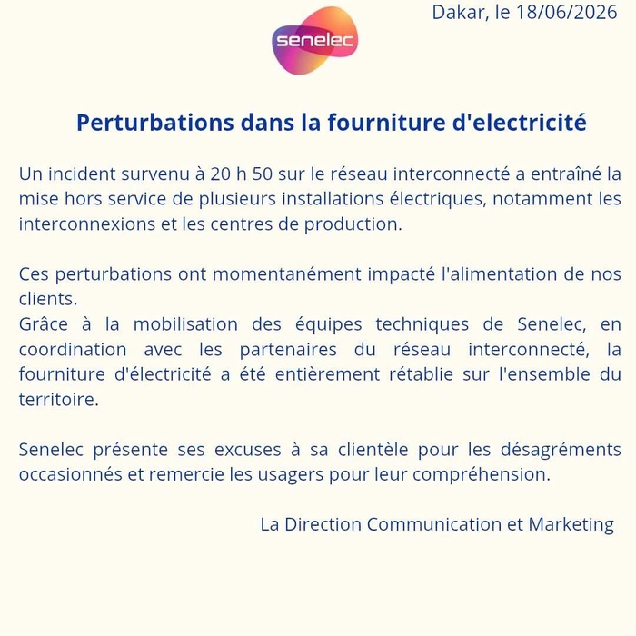 Coupures d’électricité : Senelec rétablit le courant après un incident sur le réseau interconnecté