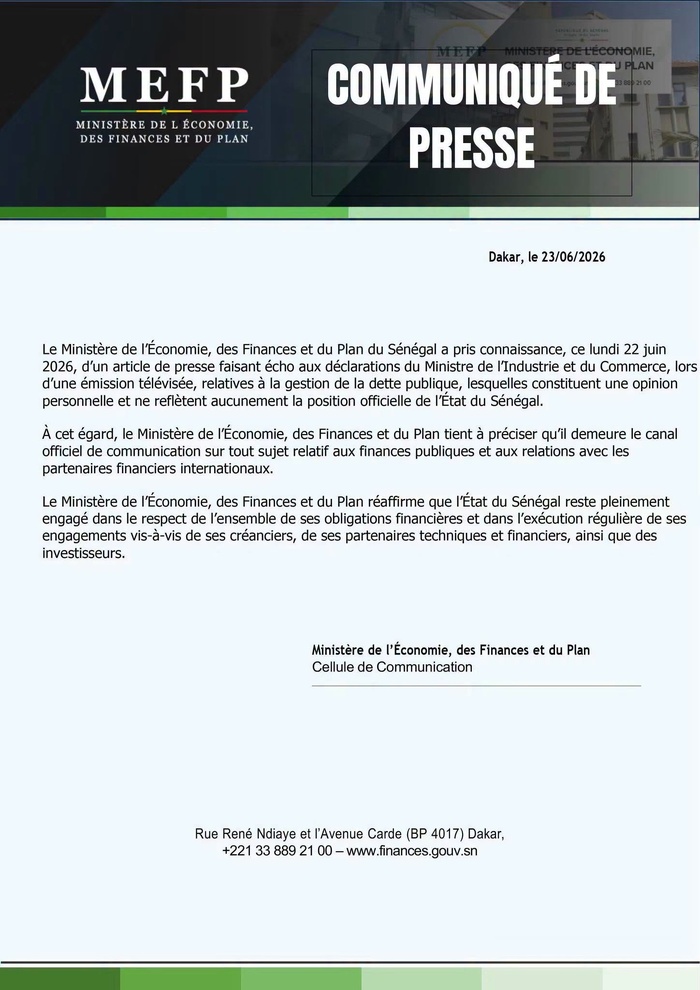 Dette publique : le MEFP dément les propos du Ministre de l’Industrie et du Commerce Dette publique : le MEFP dément les propos du Ministre de l’Industrie et du Commerce