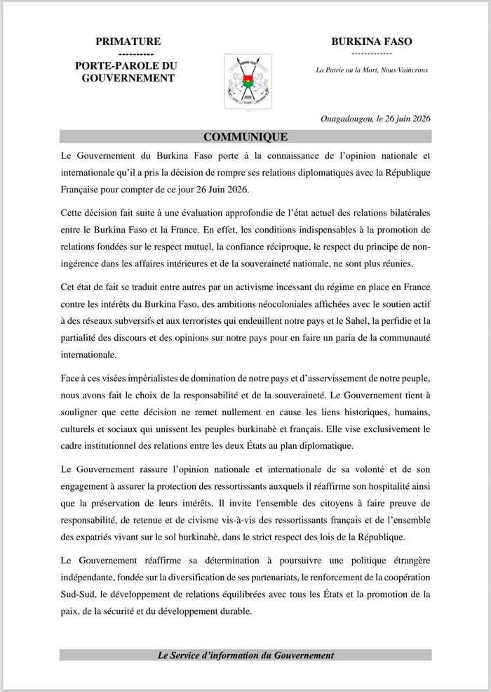 Le Burkina Faso annonce «rompre ses relations diplomatiques» avec la France Le Burkina Faso annonce «rompre ses relations diplomatiques» avec la France