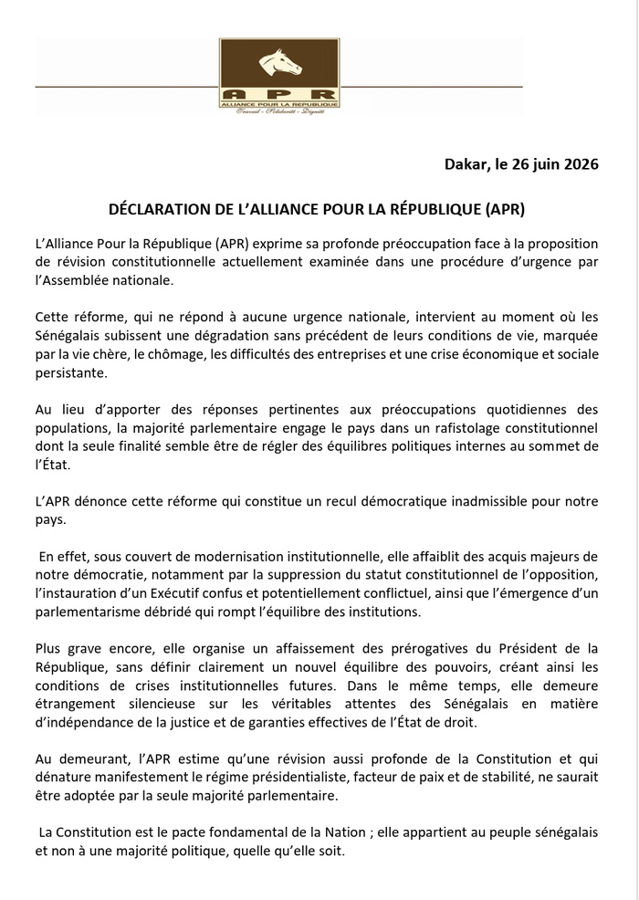 Révision constitutionnelle : l’APR exige le retrait immédiat du texte et alerte sur un « recul démocratique » Révision constitutionnelle : l’APR exige le retrait immédiat du texte et alerte sur un « recul démocratique »
