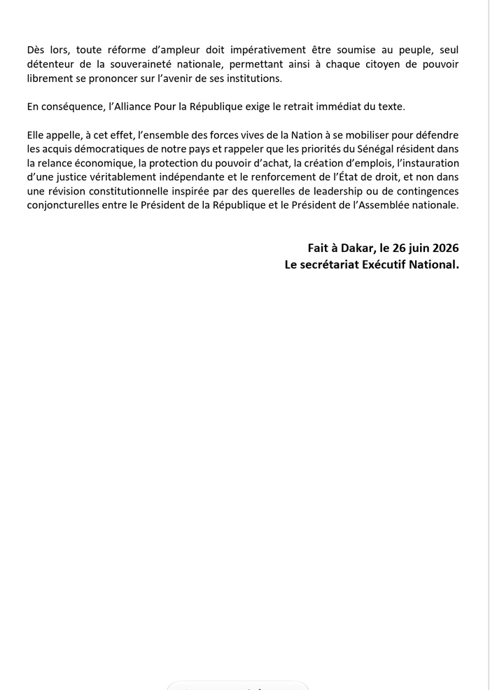 Révision constitutionnelle : l’APR exige le retrait immédiat du texte et alerte sur un « recul démocratique » Révision constitutionnelle : l’APR exige le retrait immédiat du texte et alerte sur un « recul démocratique »