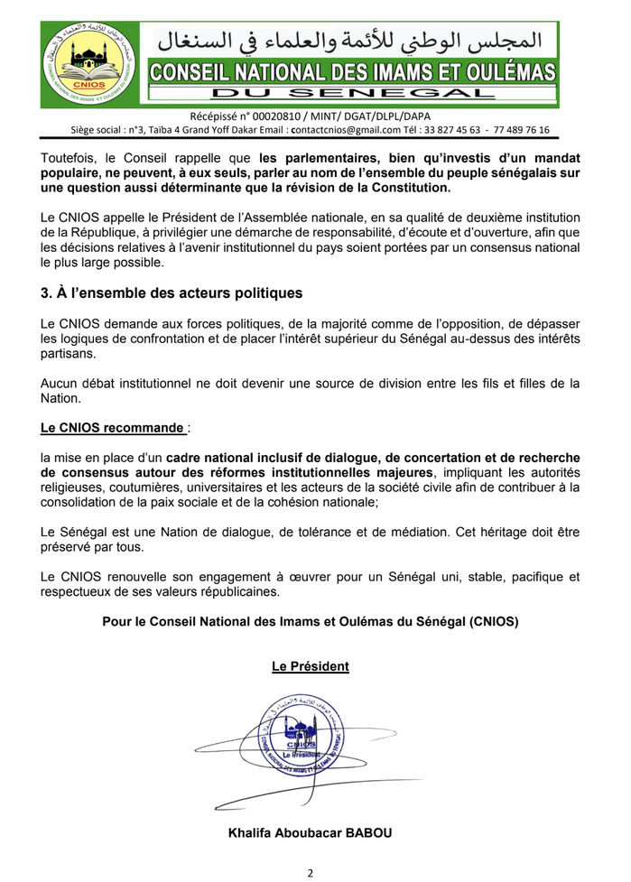 ALERTE NATIONALE DU CONSEIL NATIONAL DES IMAMS ET OULÉMAS DU SÉNÉGAL (CNIOS) : Préservation de la paix, de la stabilité et de l’unité nationale face aux tensions institutionnelles ALERTE NATIONALE DU CONSEIL NATIONAL DES IMAMS ET OULÉMAS DU SÉNÉGAL (CNIOS) : Préservation de la paix, de la stabilité et de l’unité nationale face aux tensions institutionnelles