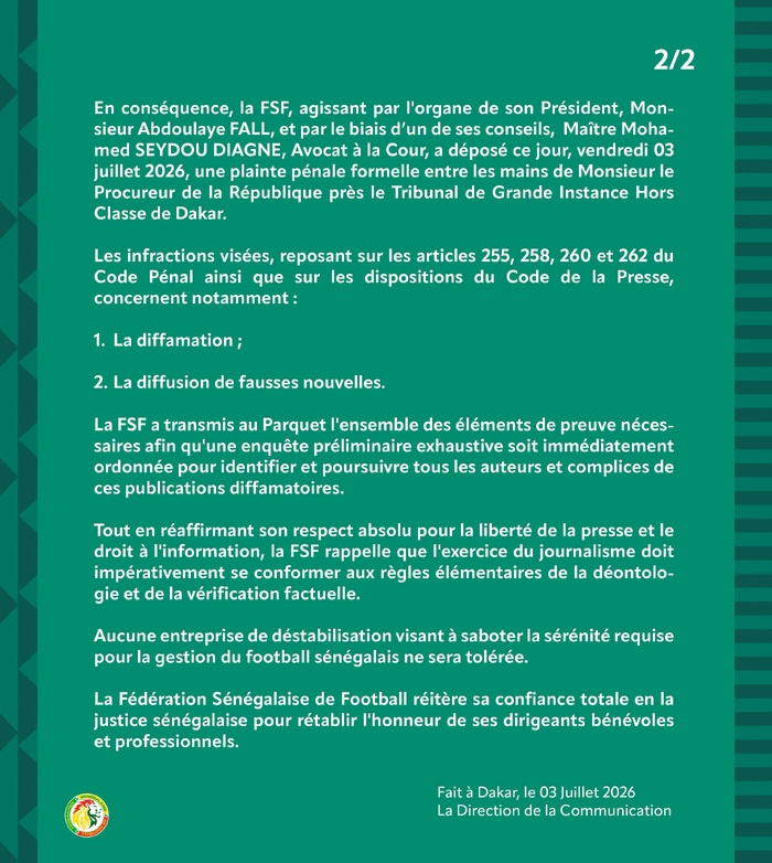 « Galante compagnie » au menu : La FSF dépose une plainte pour « laver son honneur » « Galante compagnie » au menu : La FSF dépose une plainte pour « laver son honneur »