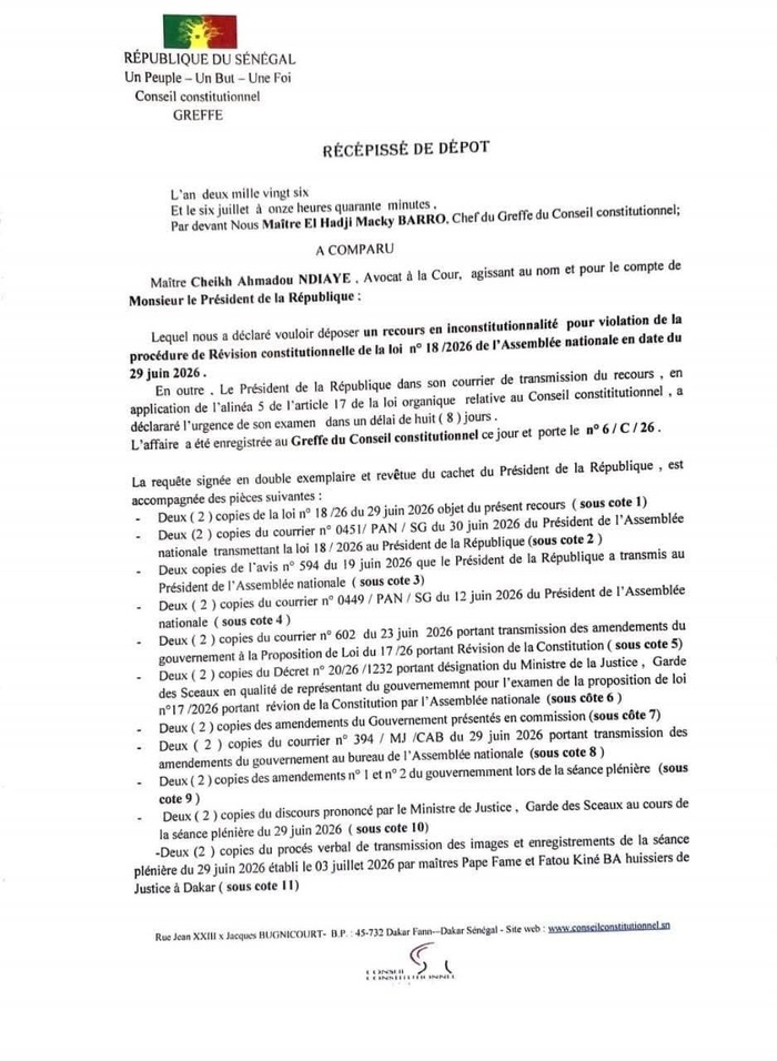 Conseil constitutionnel : le Président de la République Bassirou Diomaye attaque la loi n°18/2026 adoptée par l’Assemblée nationale pour violation de la procédure de Révision constitutionnelle Conseil constitutionnel : le Président de la République Bassirou Diomaye attaque la loi n°18/2026 adoptée par l’Assemblée nationale pour violation de la procédure de Révision constitutionnelle