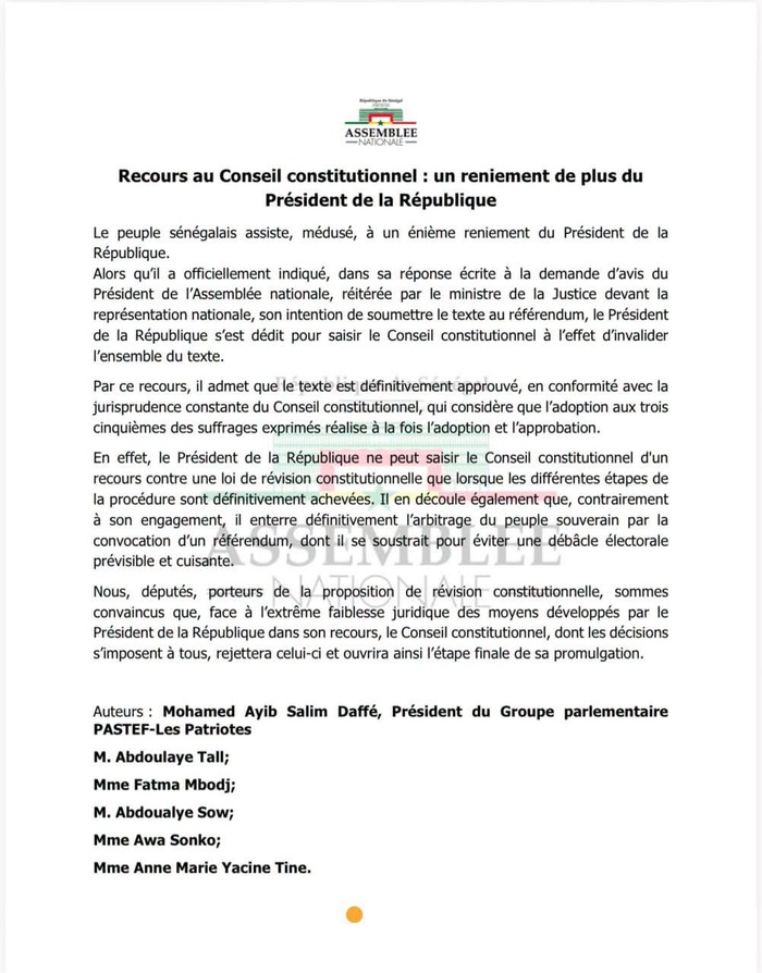 Recours présidentiel sur la révision constitutionnelle :  « Un désaveu de l’engagement référendaire », selon Pastef