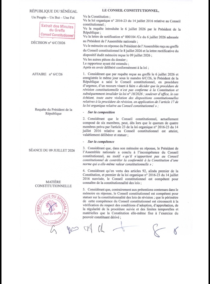 Révision constitutionnelle – Loi n° 18/2026 : les raisons de la censure de la procédure adoptée par l’Assemblée nationale par les « Sages » sont connues
