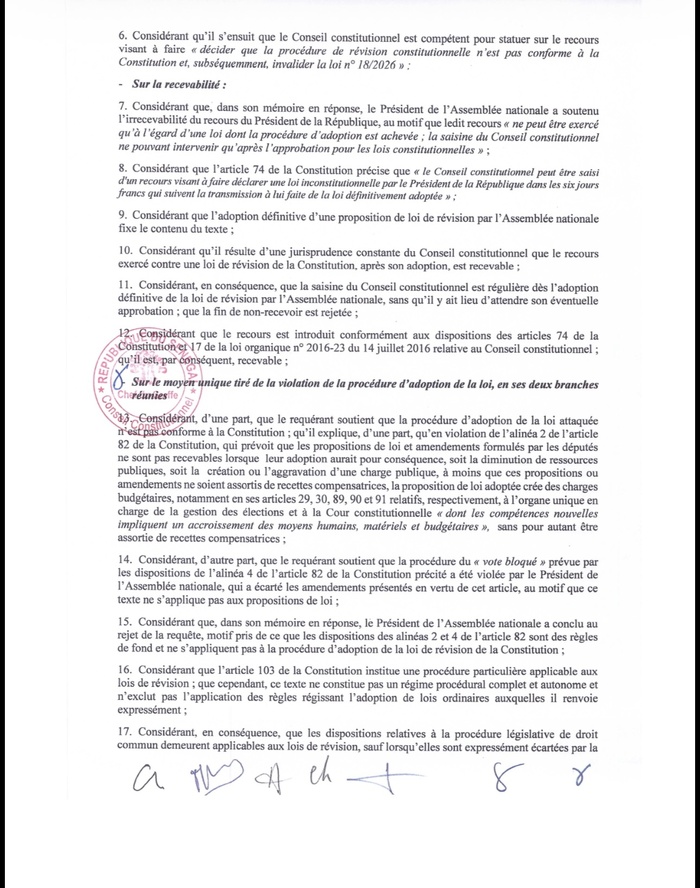Révision constitutionnelle – Loi n° 18/2026 : les raisons de la censure de la procédure adoptée par l’Assemblée nationale par les « Sages » sont connues Révision constitutionnelle – Loi n° 18/2026 : les raisons de la censure de la procédure adoptée par l’Assemblée nationale par les « Sages » sont connues