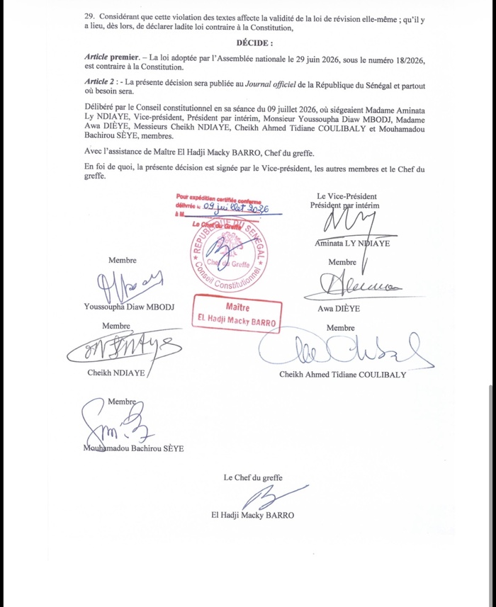 Révision constitutionnelle – Loi n° 18/2026 : les raisons de la censure de la procédure adoptée par l’Assemblée nationale par les « Sages » sont connues