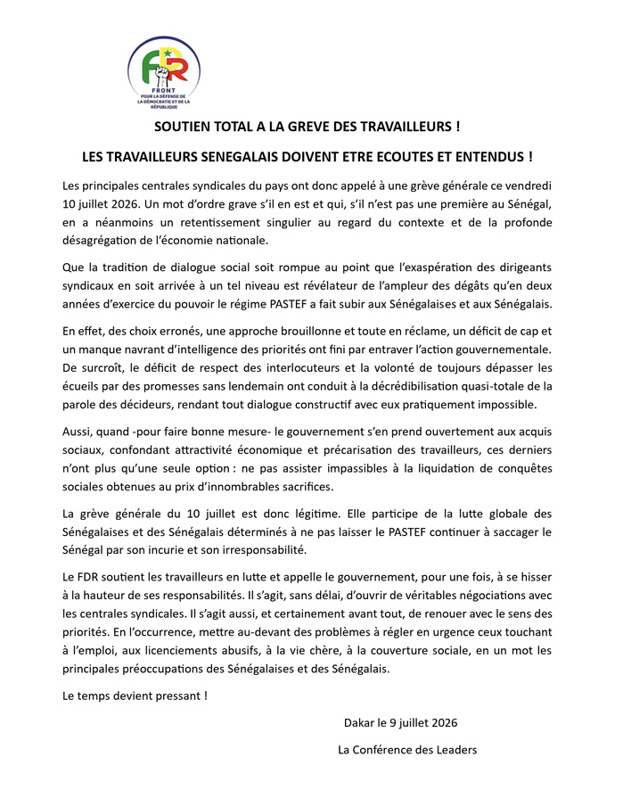 Grève générale du 10 juillet : le FDR apporte son “soutien total” aux travailleurs et interpelle le gouvernement