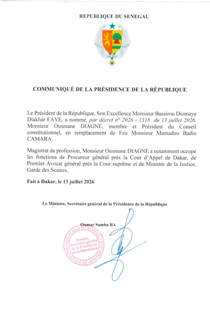 Conseil constitutionnel/Décret présidentiel : Ousmane Diagne nommé président en remplacement de feu Mamadou Badio Camara Conseil constitutionnel/Décret présidentiel : Ousmane Diagne nommé président en remplacement de feu Mamadou Badio Camara