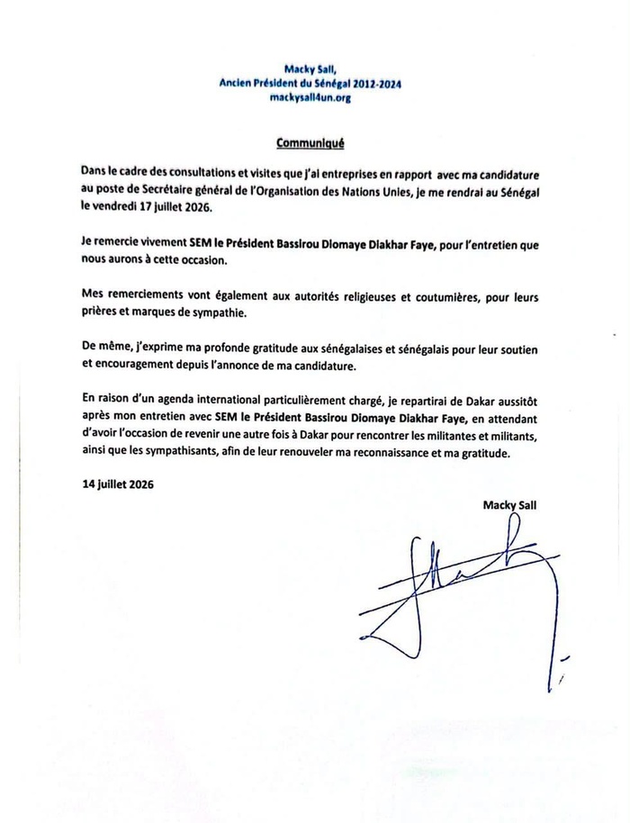 Macky Sall annonce son retour au Sénégal le 17 juillet pour un entretien avec Bassirou Diomaye Faye Macky Sall annonce son retour au Sénégal le 17 juillet pour un entretien avec Bassirou Diomaye Faye