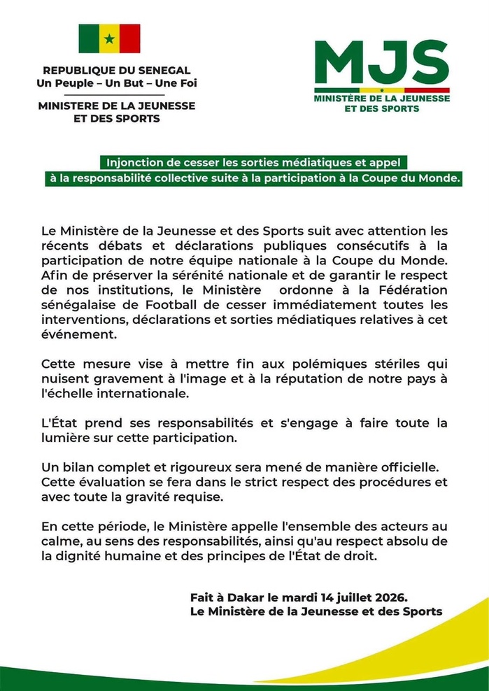 Coupe du Monde : Le Ministère des Sports ordonne à la FSF de cesser toutes ses sorties médiatiques