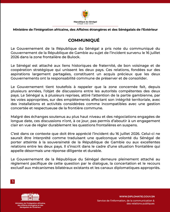 Incident lors de la délimitation de la frontière avec la Gambie : "Le gouvernement sénégalais appelle à éviter toute déclaration susceptible d'alimenter les tensions" (Min. Aff Etrangères)