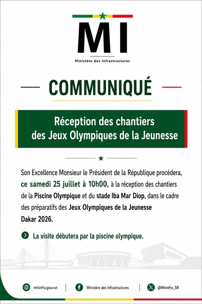 JOJ Dakar 2026 : Le PR Diomaye Faye réceptionne la Piscine olympique et le stade Iba Mar Diop ce samedi