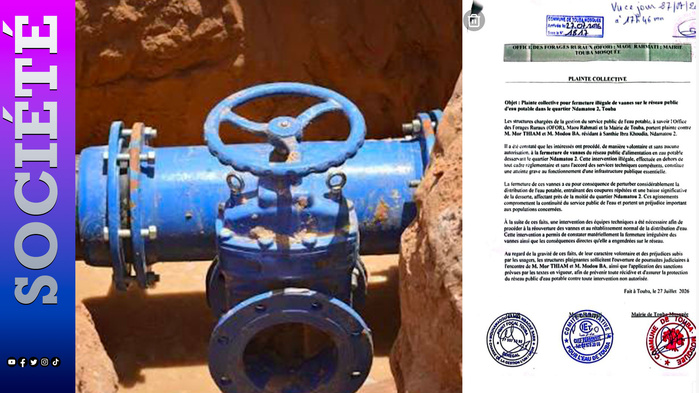 TOUBA / Sabotage du réseau d’eau à Ndamatou 2, l’OFOR et la mairie déposent une plainte collective… Une association promet de soutenir les accusés . TOUBA / Sabotage du réseau d’eau à Ndamatou 2, l’OFOR et la mairie déposent une plainte collective… Une association promet de soutenir les accusés .