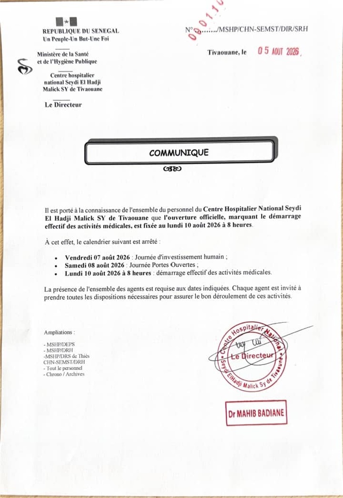 Tivaouane: l'hôpital Seydi El Hadj Malick Sy démarre officiellement ses activités médicales ce lundi 10 août 2026 Tivaouane: l'hôpital Seydi El Hadj Malick Sy démarre officiellement ses activités médicales ce lundi 10 août 2026