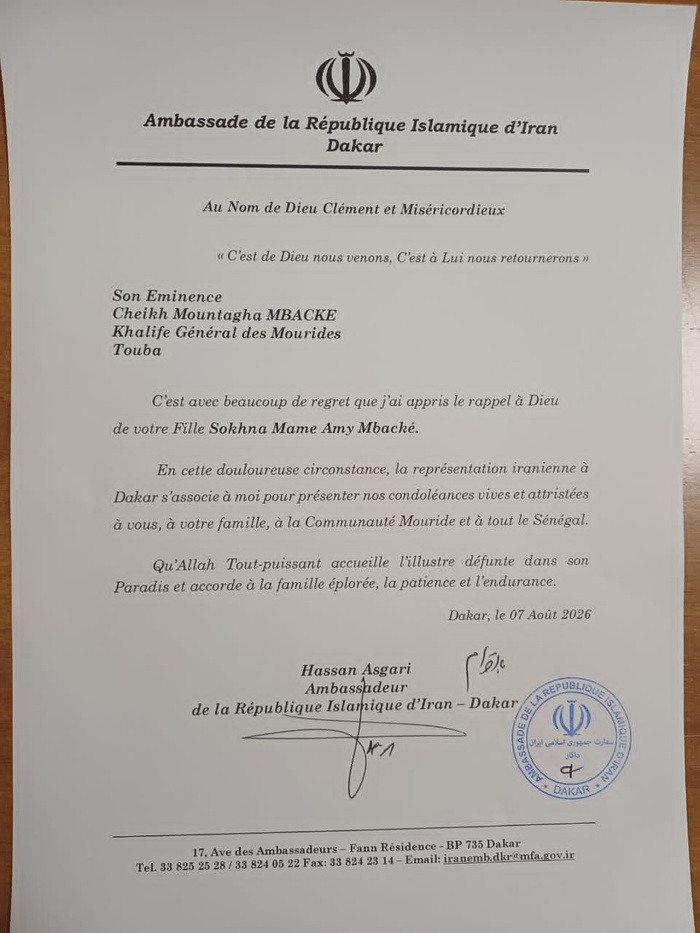 Rappel à Dieu de Sokhna Mame Amy Mbacké: L'ambassadeur de la République Islamique d'Iran à Dakar présente ses condoléances au khalife général des mourides