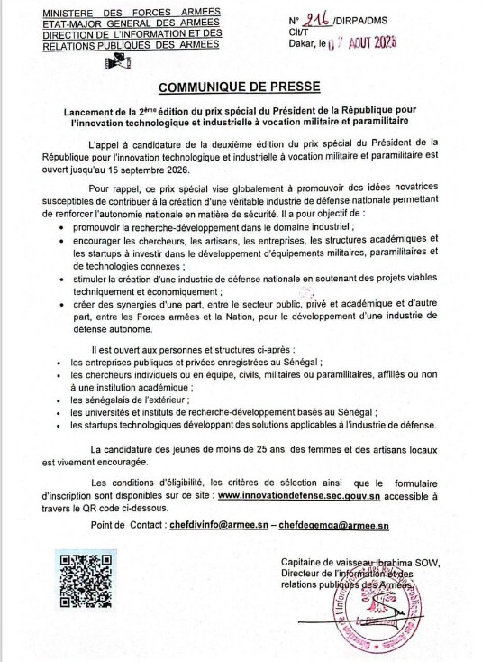 2e Édition Prix Spécial pour l'innovation Technologique à vocation Militaire et Paramilitaire: l'appel à candidatures  ouvert jusqu'au 15 septembre 2026  (DIRPA)