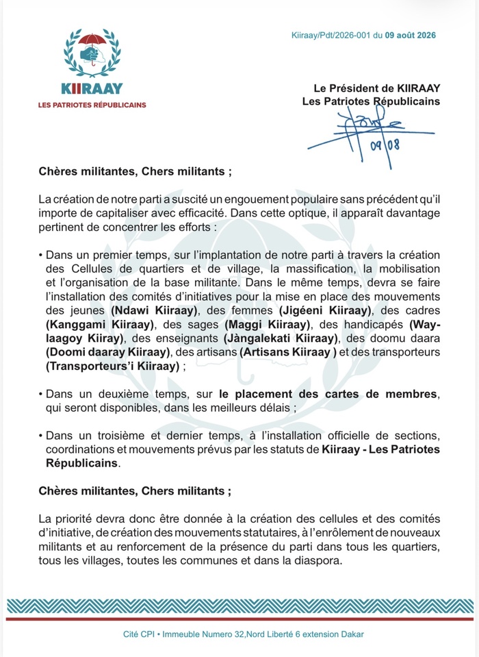 Cellules, sections, coordinations et cartes de membres :Bassirou Diomaye Diakhar Faye fixe la feuille de route pour l’implantation nationale de Kiiraay