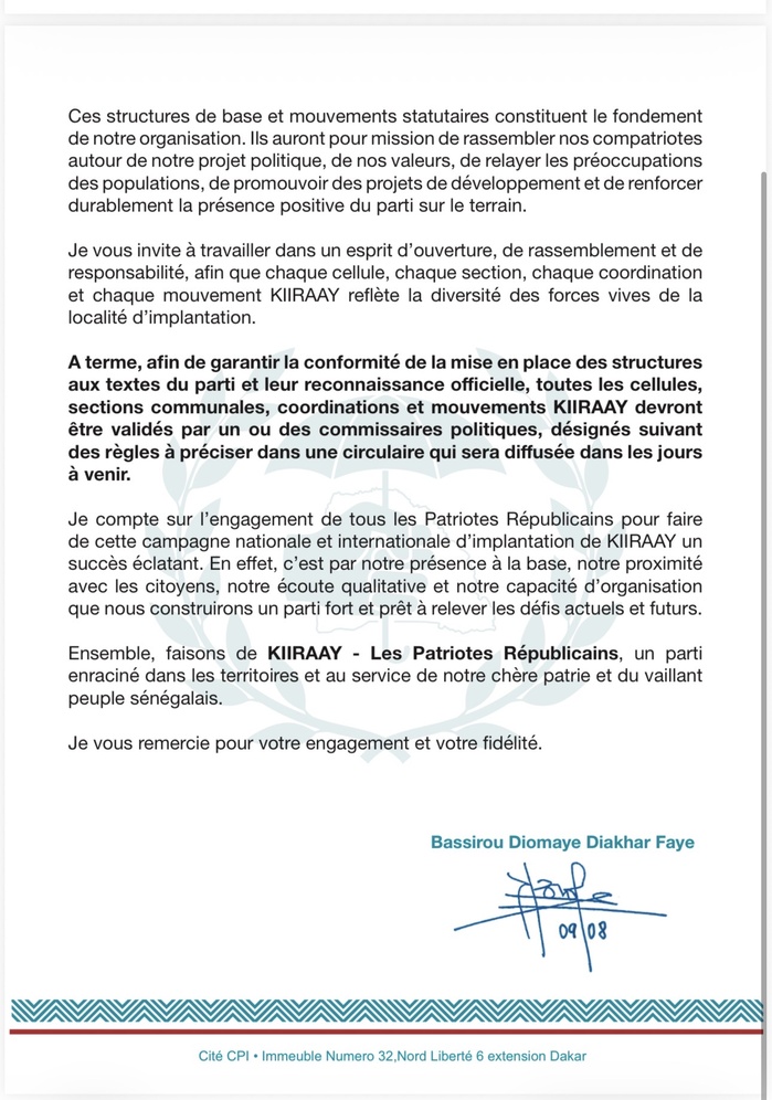 Cellules, sections, coordinations et cartes de membres :Bassirou Diomaye Diakhar Faye fixe la feuille de route pour l’implantation nationale de Kiiraay